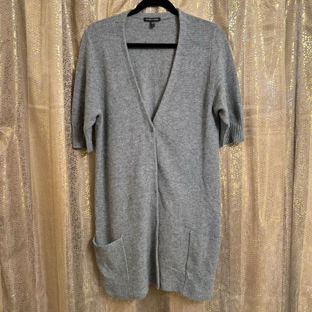 Eileen Fisher Gray Wool Angora Cashmere Blend Cardigan Sweater Large